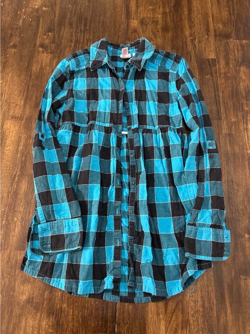 Justice Turquoise and Black Plaid Button-Down Shirt